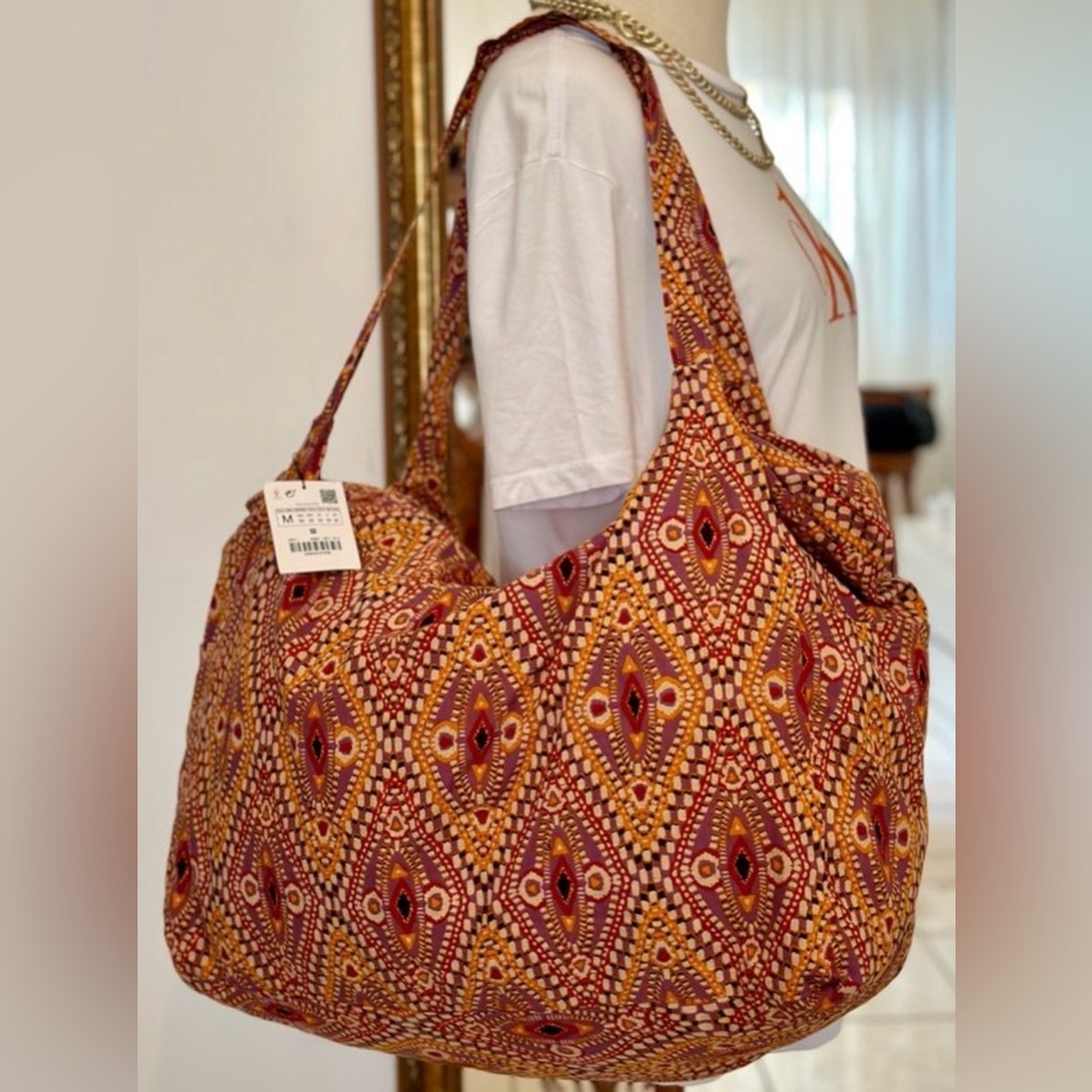 ZARA Cotton Fabric Shopper Cloth Shoulder TOTE Bag, Zipper and Pockets, XLarge - Picture 5 of 14